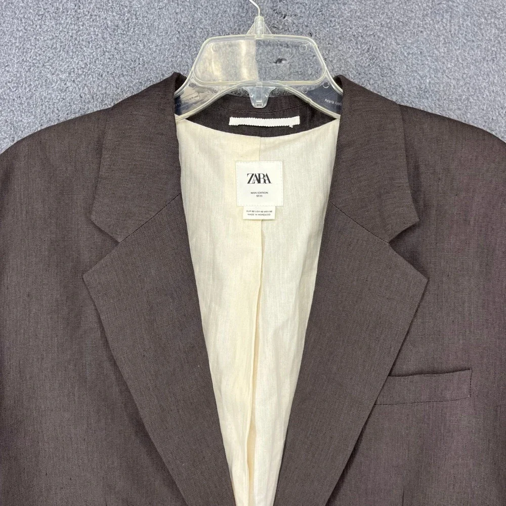 Zara Blazer Mens 42 Brown Linen Blend SS25 Two Button Notch Lapel Sport Coat